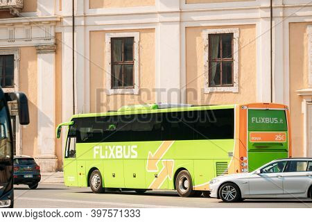 Rome, Italy - October 21, 2018: Touristic Bus Of Flixbus Moving On Street. Flixbus Is Brand Which Of