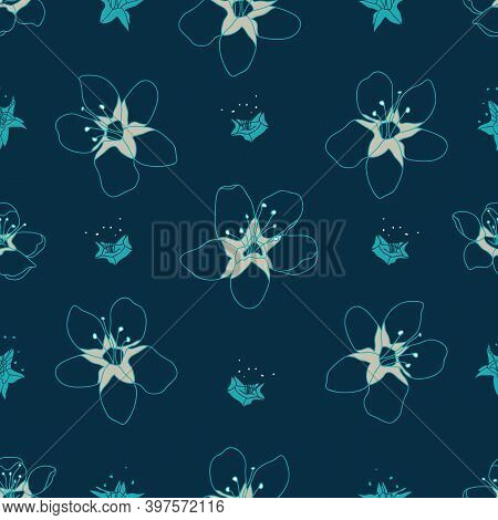 Blossoming Flowers With Petals Seamless Pattern On Dark Blue Print