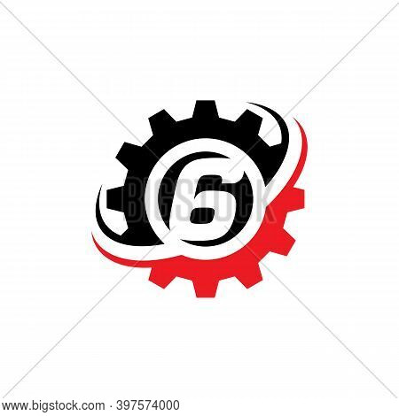 Number 6 Gear Logo Design Template Machine, Machinery,