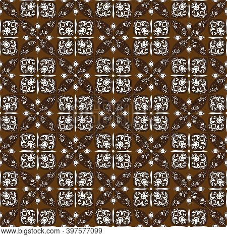 Beautiful Flower Patterns On Central Java Batik Design With Good Dark Brown Color Concept.