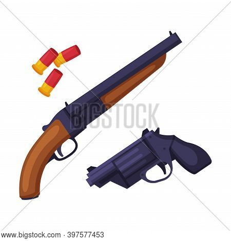 Weapon Set, Shotgun, Gun And Bullets, Hunting Tackles And Equipment Flat Style Vector Illustration
