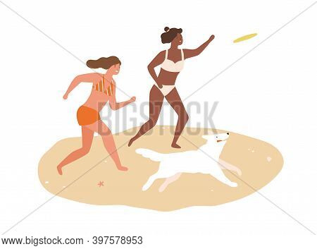 Happy Women Play With Dog On Beach. Female Friends Run And Throw Frisby To The Pet. Scene Of Summer 