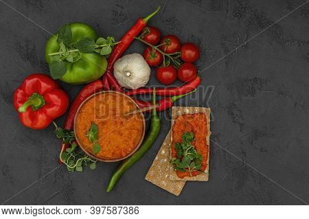 Roasted Red Pepper Relish Ajvar Or Aivar. Traditional Balkan Vegetable Caviar With Green And Red Bel