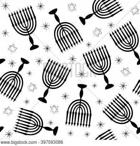 Hanukkah Symbol Menorah With Candles Star Of David Black Silhouette Seamless Pattern. Background For
