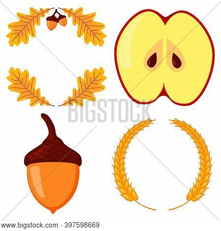 Colorful Autumn Harvest Elements. Festive Party Frames Set. Thanksgiving Themed Vector Illustration 