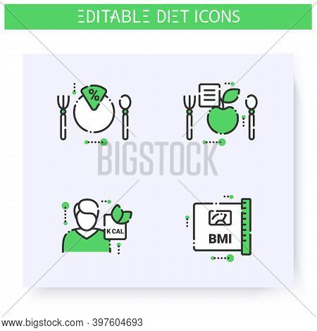 Diet Line Icons Set. Calorie Count, Healthy Nutrition Concept. Nutritiologist. Body Mass Index. Serv