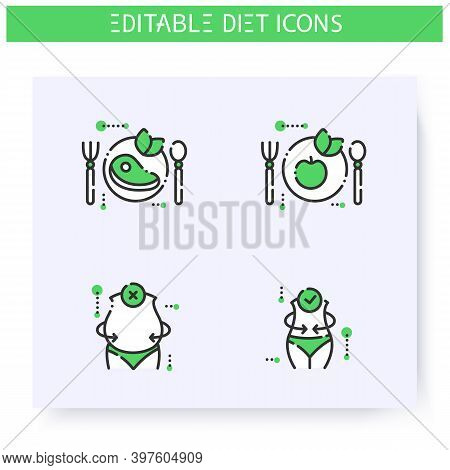 Diet Line Icons Set.calorie Count, Healthy Nutrition Concept. Slimming. Successful And Unsuccessful 