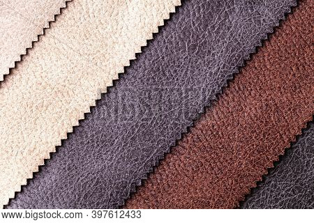 Sample Of Velvet And Velours Textile Various Colors, Background. Catalog And Swatch Tone Of Interior