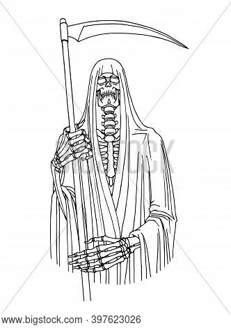 Death In A Shroud With A Scythe, Grim Reaper, Skeleton, Doomsday Character, Vector Illustration With