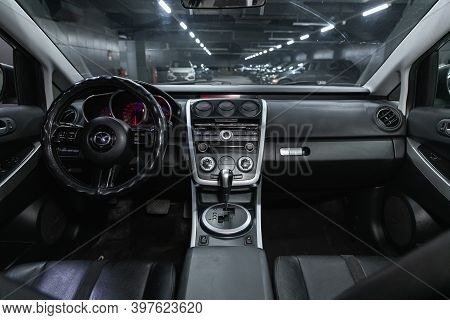 Novosibirsk, Russia - November 26, 2020: Mazda Cx7, Steering Wheel, Shift Lever, Multimedia  Systeme
