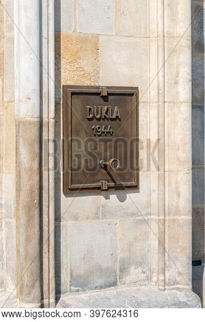 Prague, Czech Republic - July 10, 2020: Memorial Plaque To The Battle Of The Dukla Pass In 1944.