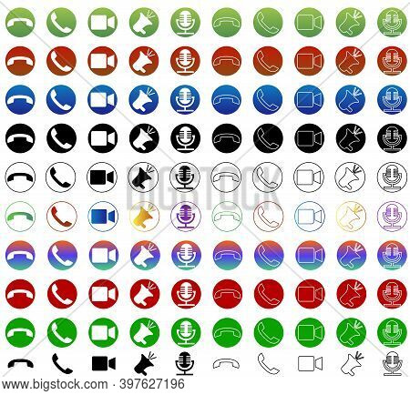 Set Of 100 Communication Icons Button. Phone, Sound, Microphone, Camera, Call Symbols On Isolated Wh