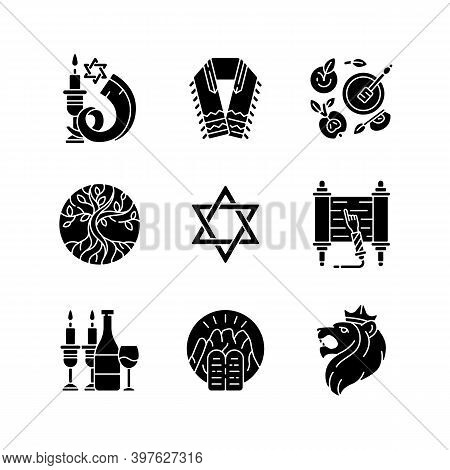 Judaism Symbols Black Glyph Icons Set On White Space. Shofar, Shophar. Jewish Prayer Shawl. Apples A