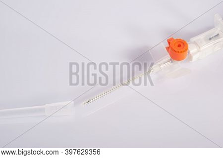 Medical Catheter For Infusion. Close-up, On A White Background