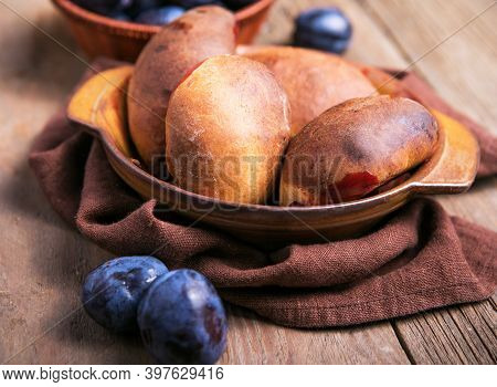 Homemade Pirogi, Traditional Russian Pastries. Homemade Pirogi With Plums