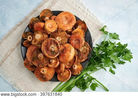Plate Of Rovellons Or Niscalos, Typical Autumn Mushrooms, Top View