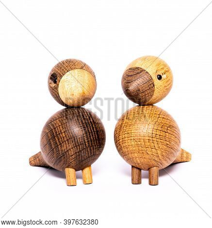Lovebirds Wooden Figurines On White Background, Retro Design By Kay Bojesen Of Denmark