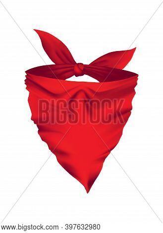 Red Realistic Bandana On Head. Youth Fashion Neck Scarf Or Cowboy Element Template. Headband For Bik