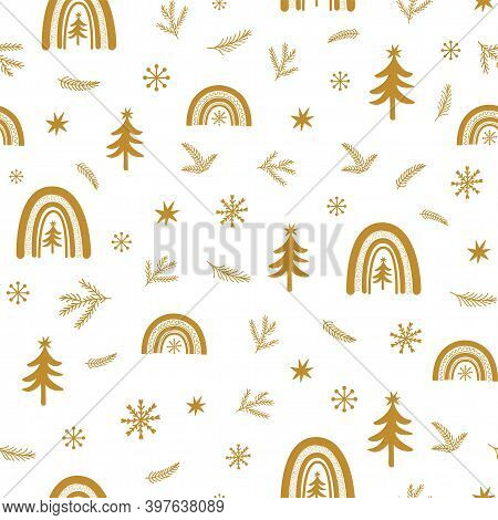 Gold Floral Chrisrmas Pattern. Gold Forest, Christmas Rainbow, Tree Background. Golden Winter Forest