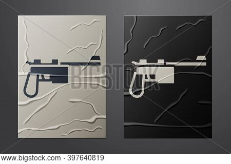 White Mauser Gun Icon Isolated On Crumpled Paper Background. Mauser C96 Is A Semi-automatic Pistol. 