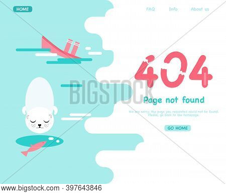 404 System Error.page Not Found. Website Template With Fatal Error. Support Service. Ice Hole, Seal 