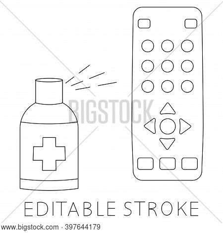 Sanitizing Of Tv Remote. Remote Disinfection. Disinfection Of Tv Clicker Using Antibacterial Spray. 