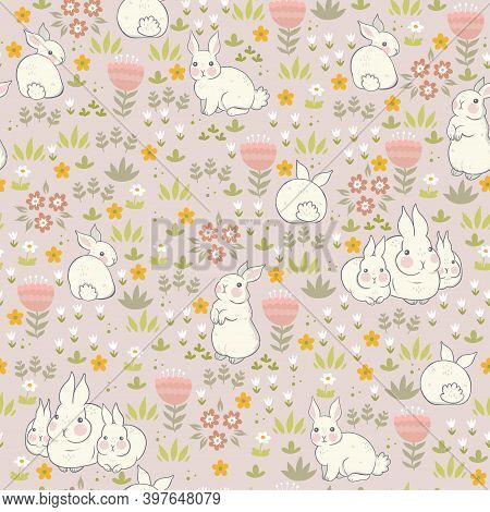 Spring Bunnies Seamless Pattern With Flowers. Vector Image.