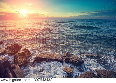 Rocky Seashore In Evening. Rosh Ha Nikra, Israel
