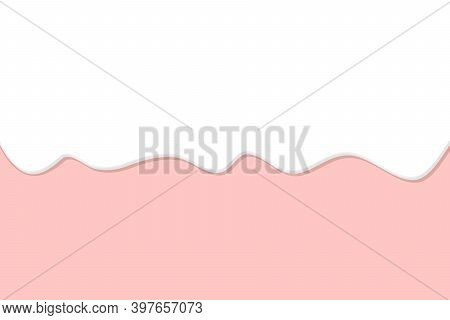 Dripping Ice Cream Or Yogurt Background. Sweet Caramel Flow Down. White Glaze Drips On Pink Backdrop