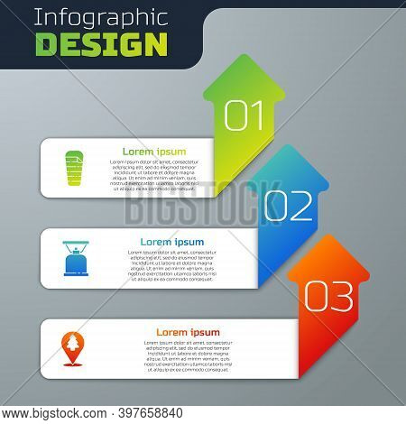 Set Sleeping Bag, Camping Gas Stove And Location Of The Forest. Business Infographic Template. Vecto
