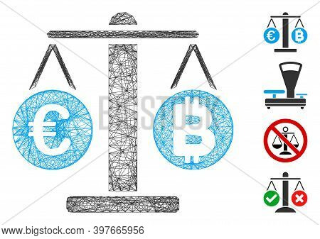 Vector Wire Frame Euro And Bitcoin Scales. Geometric Wire Frame Flat Network Made From Euro And Bitc