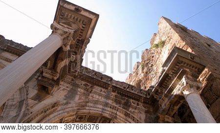 View Of Hadrians Gate In Old City Of Antalya, Turkey. An Ancient Roman Architecture. Beautiful Histo