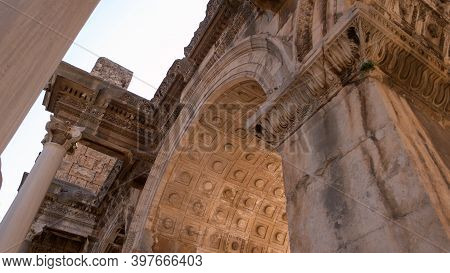 Beautiful Old Architecture Building Close Up. View Of Hadrians Gate In Old City Of Antalya, Turkey. 