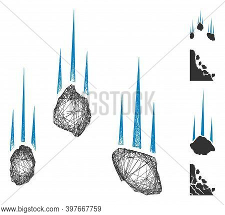 Vector Wire Frame Falling Rocks. Geometric Wire Frame Flat Network Made From Falling Rocks Icon, Des