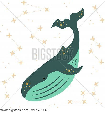 Vector Dreamy Illustration Of A Whale With Stars And Constellations.