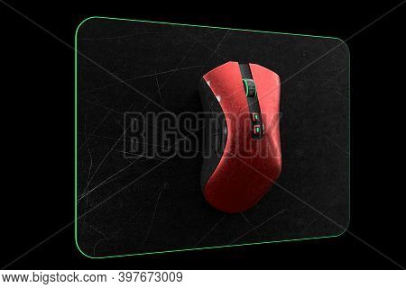 Used Metal Red Gaming Mouse With Scratches On Professional Pad Isolated On Black Background Blackgro