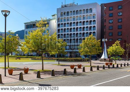 Beppu, Japan,october 2, 2017: The Area In Front Of The Hotel On The Waterfront Of Beppu City.