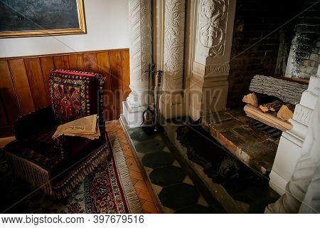 Radun Castle Interior, Neo-classical Chateau, Large Stone Fireplace, Velvet Embroidered Armchairs An