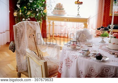 Radun Castle Interior, Neo-classical Chateau, Red Tea Salon, Baroque And Rococo Carved White Furnitu