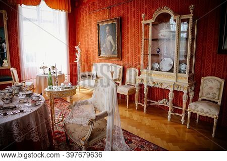 Radun Castle Interior, Neo-classical Chateau, Red Tea Salon, Baroque And Rococo Carved White Furnitu