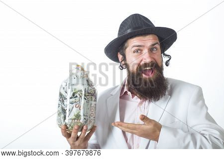 Jewish Man. Bearded Jewish Man With Jar With Money. Portrait Bearded Orthodox Jewish Man With Money.
