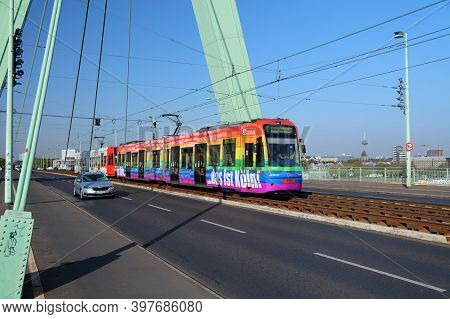 Cologne, Germany - September 21, 2020: Public Transportation Electric Tram Crosses Severins Bridge I