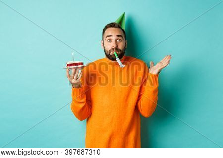 Happy Birthday Guy Celebrating, Wearing Party Hat, Blowing Wistle And Holding Bday Cake, Standing Ag