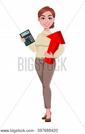 Stock Vector. Young Beautiful Business Woman Holding Calculator And Red Arrow. Pretty Businesswoman 