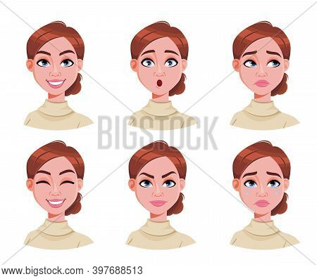 Face Expressions Of Cute Woman With Brown Hair. Different Female Emotions Set. Beautiful Cartoon Cha
