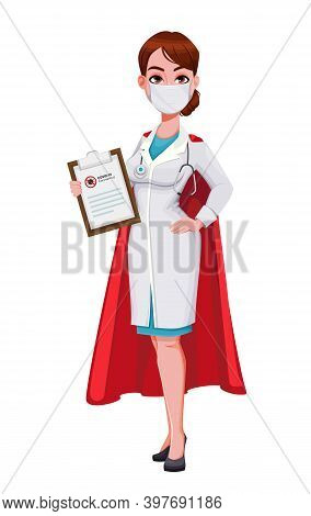 Stock Vector Super Doctor Cartoon Character. Beautiful Young Woman Doctor. Vector Illustration