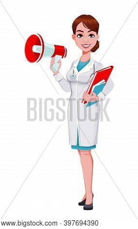 Stock Vector Cheerful Doctor Cartoon Character. Beautiful Young Woman Doctor Making Announcement. Ve
