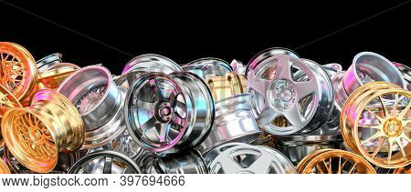 car rims in anodized aluminum, steel and gold. 3d render.