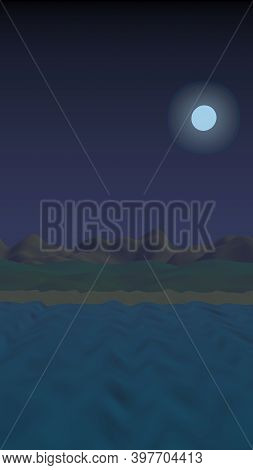 Starry Moonless Sky. Ocean Shore Line With Waves On A Beach. Island Beach Paradise With Waves. Vacat