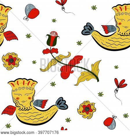 Vector Seamless Pattern With Traditional Folk Bird With Flower On White Background